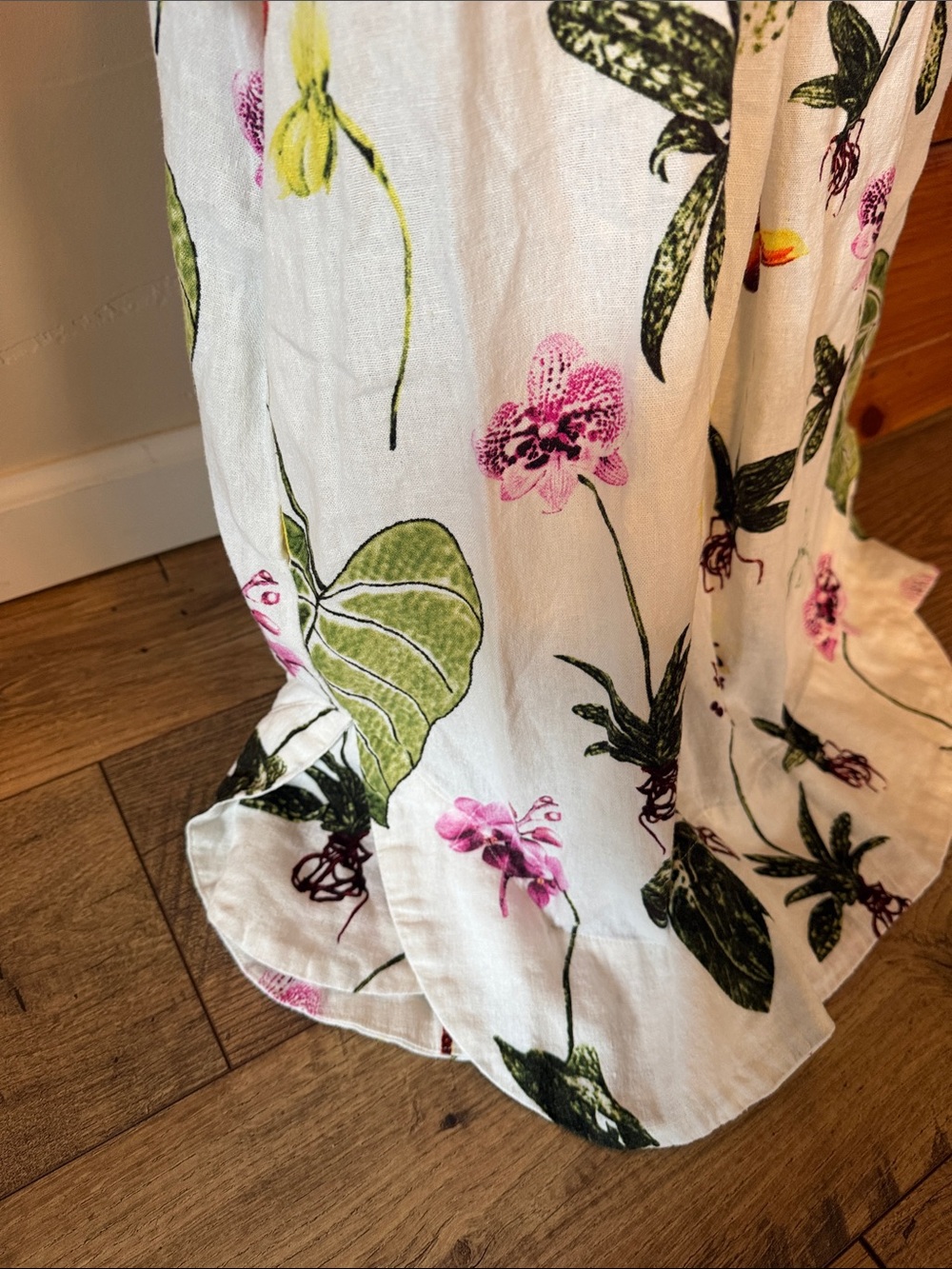 Joie Orchid Botanical Print Linen Puff Sleeve Dress Floral White Boho Size L - Picture 6 of 9